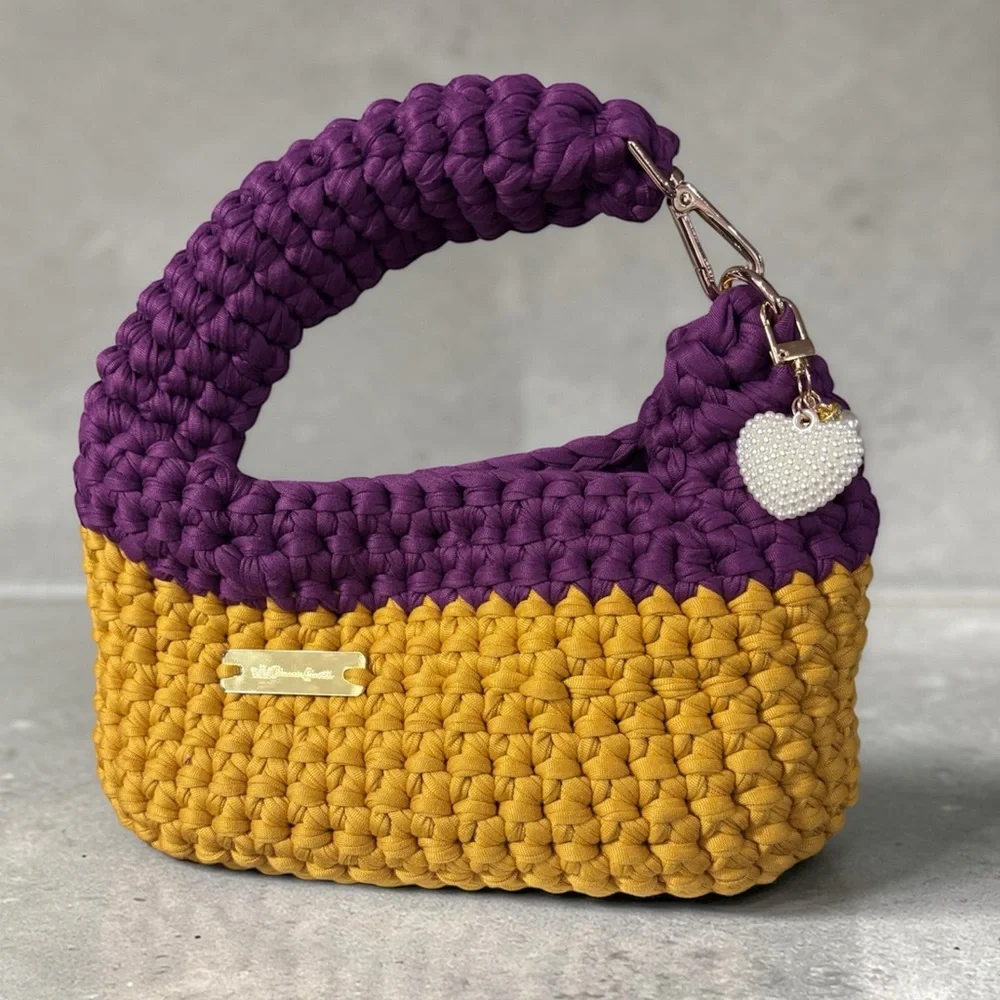 103-Handmade Two-Tone Crochet Bag in Purple and Mustard - Picture 3 of 7